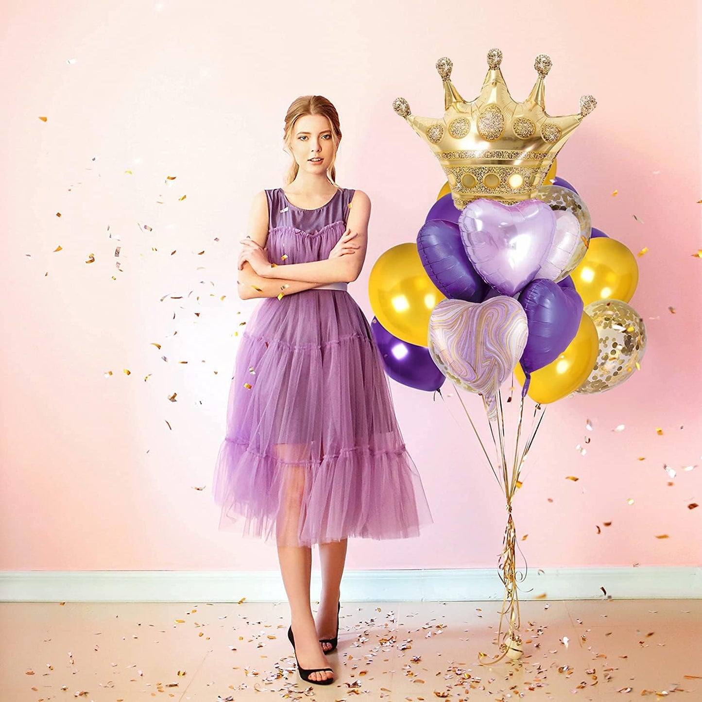 Purple Balloons Birthday Decorations，Gold Crown Princess Foil Balloons Set for Girls Women Party Decorations Baby Shower