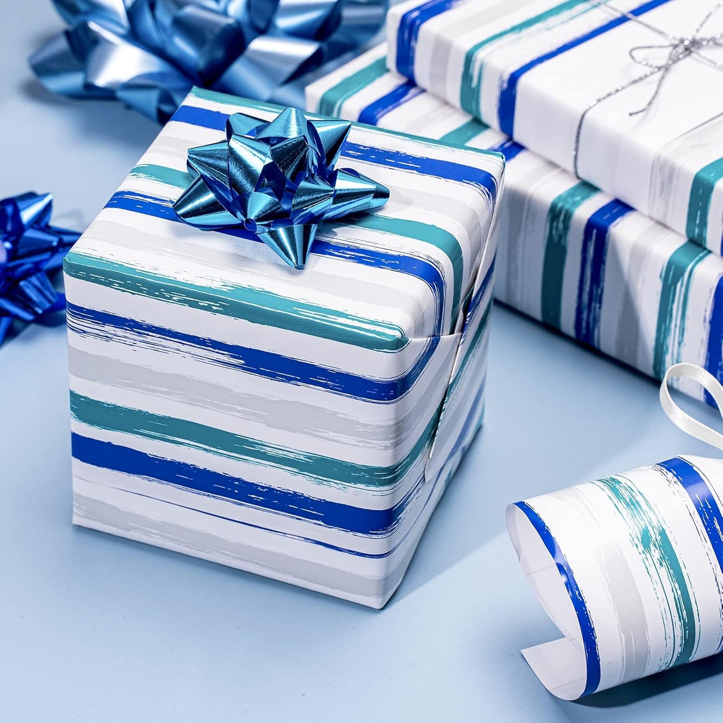 WRAPAHOLIC Reversible Blue Wrapping Paper - Mini Roll - 17 Inch X 33 Feet - Baby Boy Wrapping Paper for Birthday, Holiday, Wedding, Baby Shower