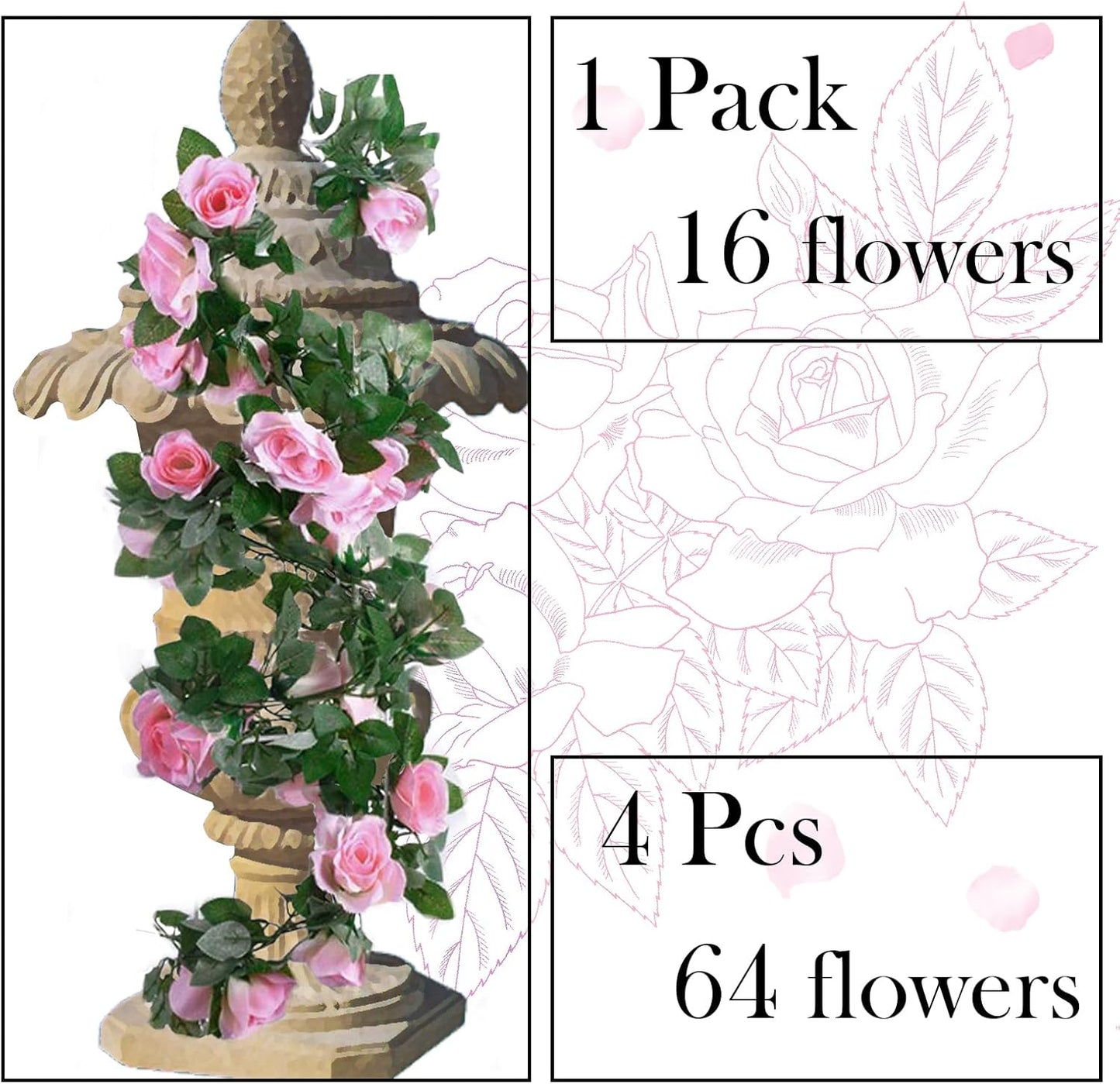 4 Pack Artificial Rose Vine Garland Fake Roses Flowers Plants Vines Hanging Floral Leaves Decoration for Wedding Party Table Garden Arch Wall Home Room Decor(Pink)