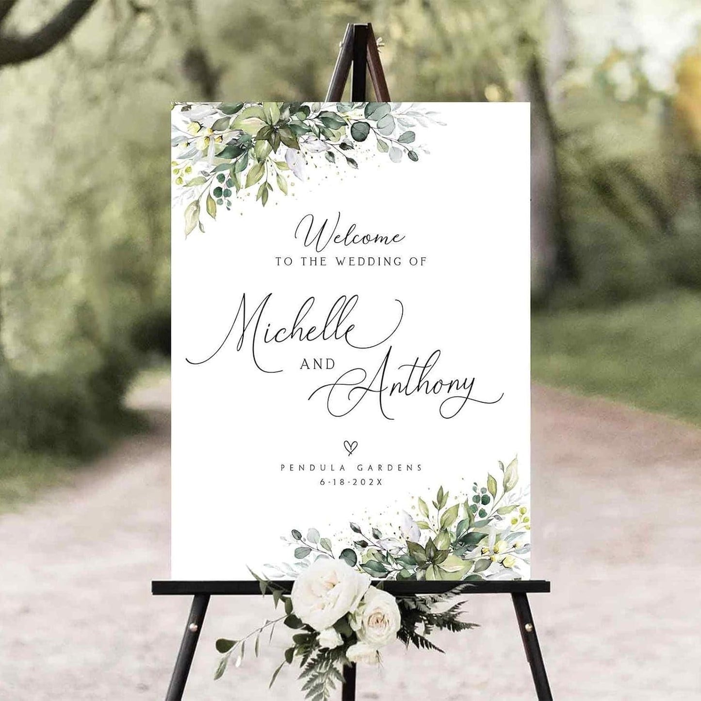 Personalized Wedding Welcome Sign, Greenery Eucalyptus Wedding Sign Signage 12" X 18" (Small), 27" (Medium), 36" (Large), Plastic, Modern, Pole Mount, Weather