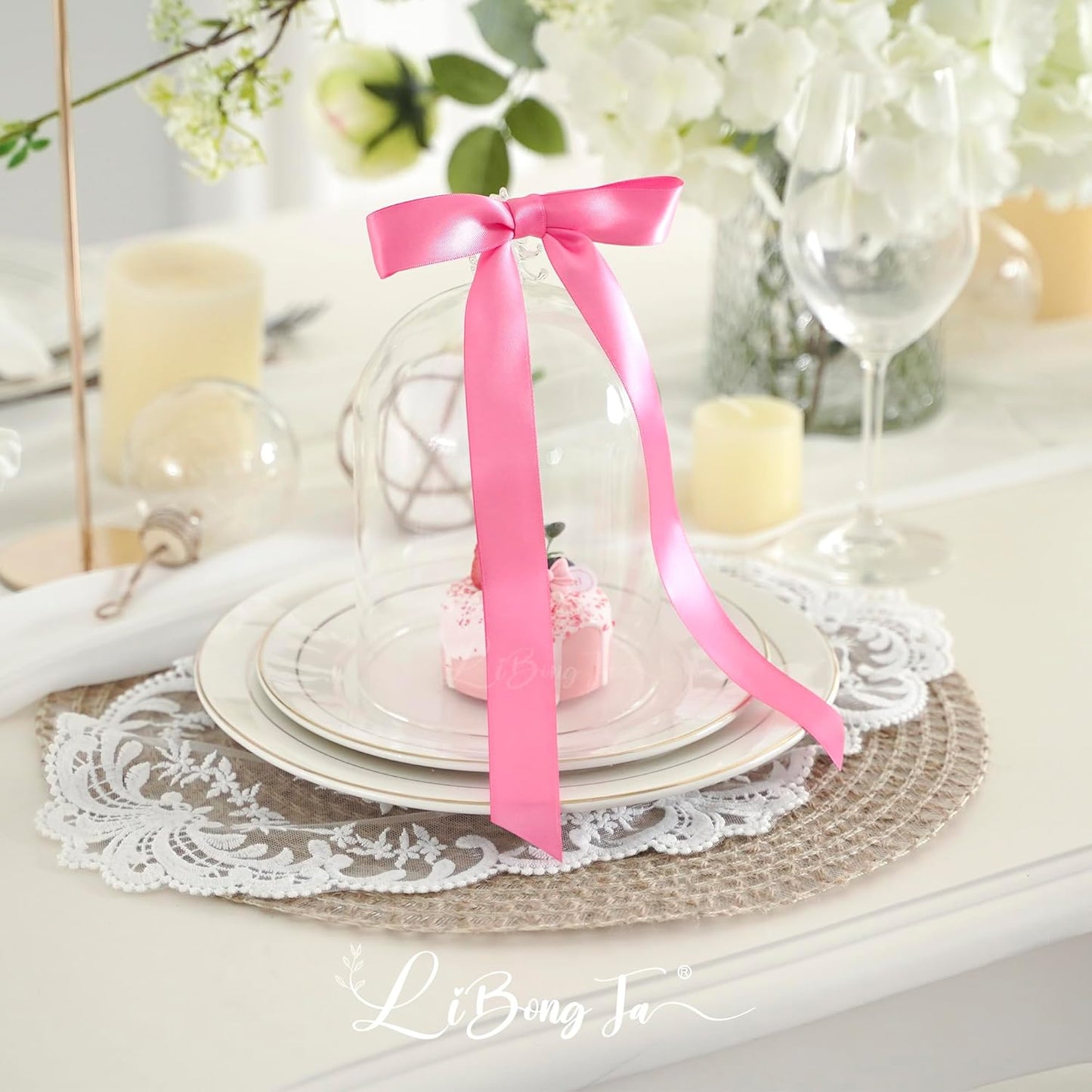 50 PCs Hot Pink Bow Decor 5.5'' Satin Bows with Long Tail, Twist Tie Bows for Craft, Packaging Ribbon Bows, Premade Bows for Cake Decorating, Gift Bows for Treat, Wedding Favor, Party