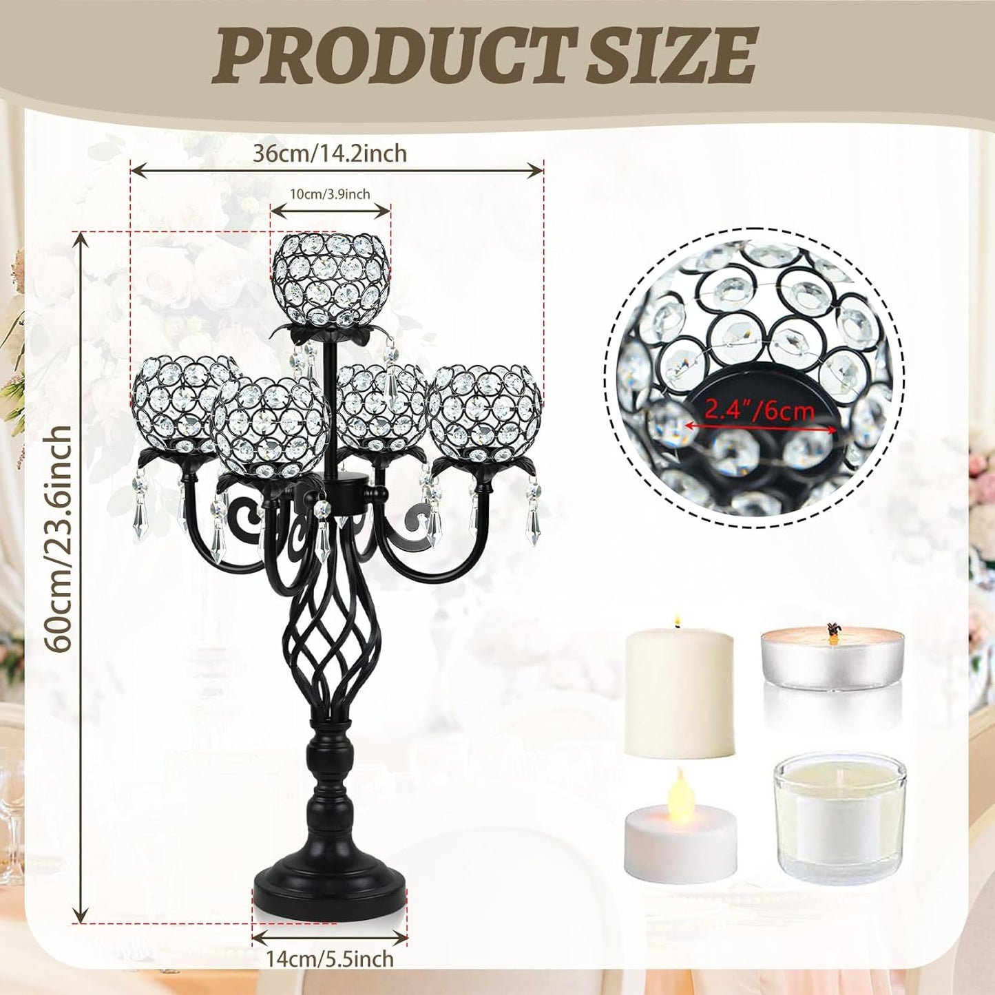 5-Arm Crystal Candelabra Centerpiece 23.2" Tall - Elegant Candle Holder Stand with Crystal Bowl, Chic Table Decor for Weddings, Parties, Anniversary & Home Decoration (4, Black)