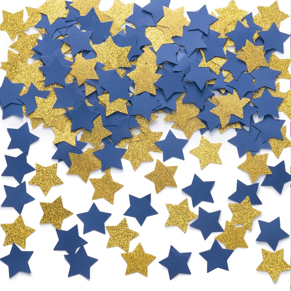 MOWO Gold and Blue Star Confetti Table Decoration for Birthday Graduation Retirement Bachelor Theme Party,1.2 inch in Diameter,200 Counts