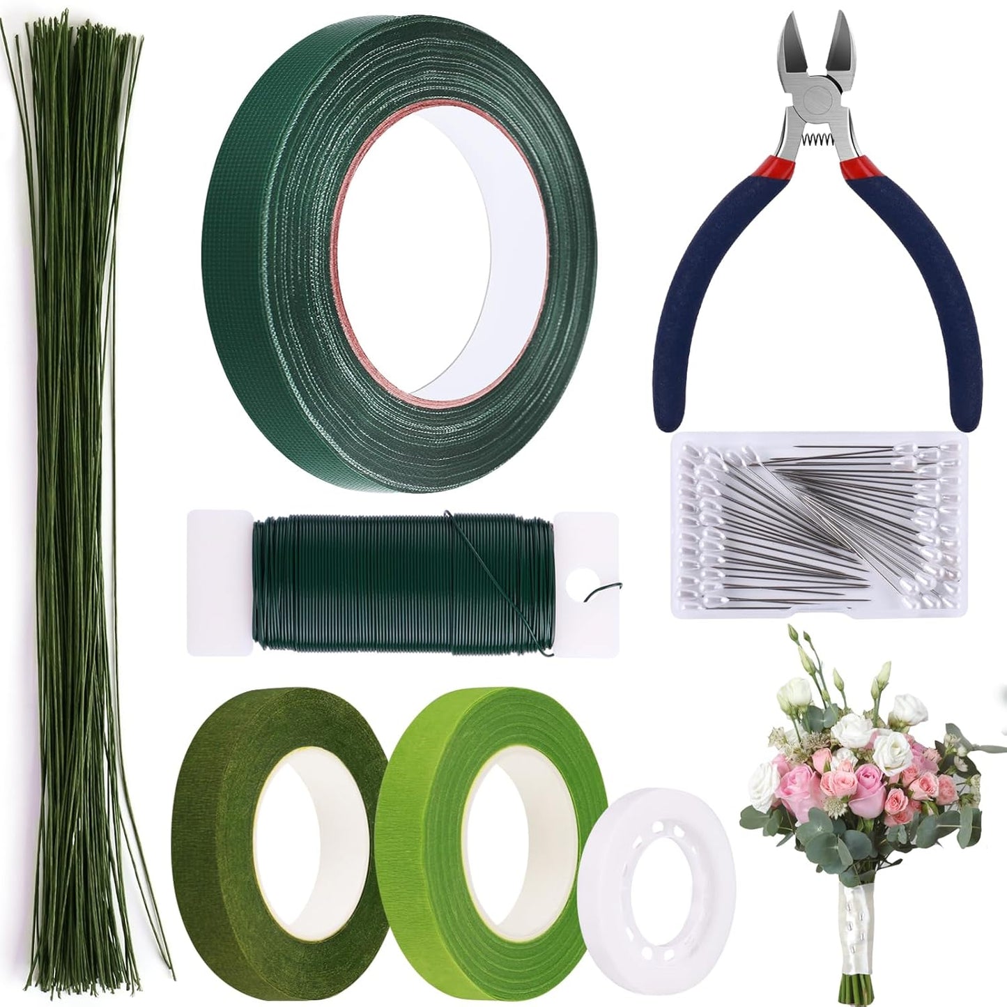 GLAMFIELDS Floral Arrangement Kit with Floral Tape, 26 Gauge Floral Stem Wire, 22 Gauge Floral Wire, Cutter, Boutonniere Flower pin for Bouquet Stem Wrapping, Floral Crafts and Wedding Bridal Bouquets