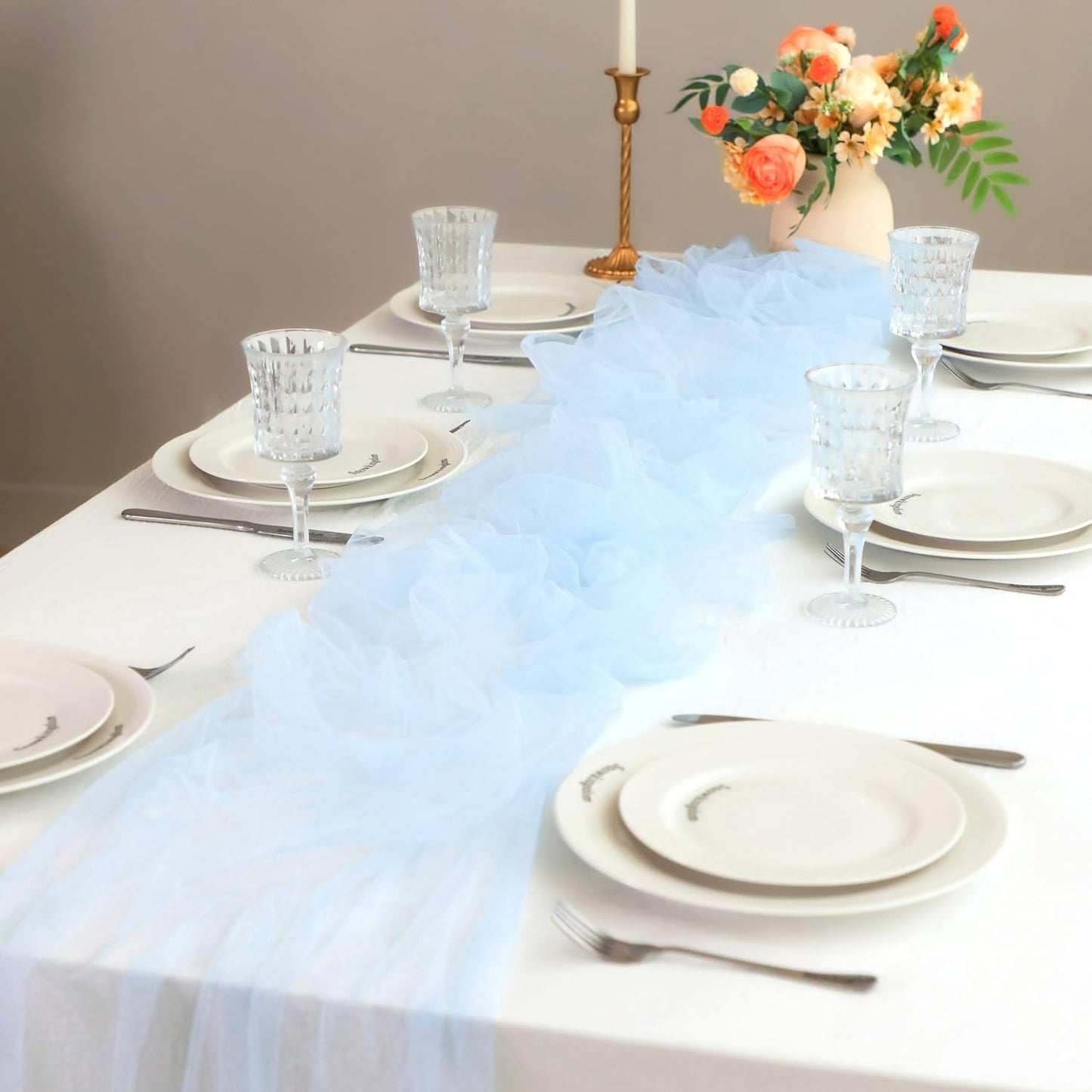 Snowkingdom Light Blue Cheesecloth Table Runner 10FT, Baby Blue Sheer Tulle Gauze Runner 120 Inch, Rustic Boho Party Table Decoration for Wedding Bridal Baby Shower Birthday Christmas Winter Holiday