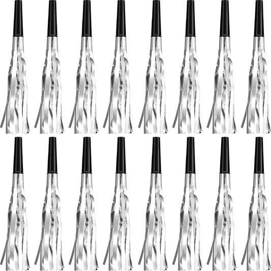 Skylety 24 Pcs Noise Makers Party Favors Silver Blowers Glitter Noise Makers for Sporting Events Fun Party Horns Metallic Fringed Blowers for Birthday Supplies