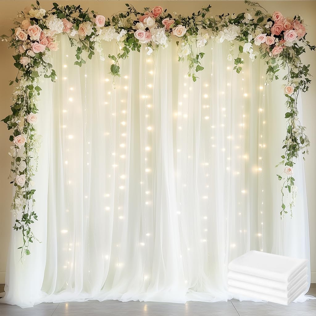 Fomcet Tulle Curtains with Lights String Ivory 20FT X 8FT Sheer Backdrop Curtains for Parties Wedding Baby Shower Photo Shoot Decorations (4 Panels 5 x 8FT)