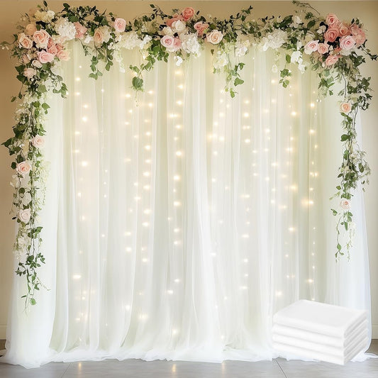 Fomcet Tulle Curtains with Lights String Ivory 20FT X 8FT Sheer Backdrop Curtains for Parties Wedding Baby Shower Photo Shoot Decorations (4 Panels 5 x 8FT)