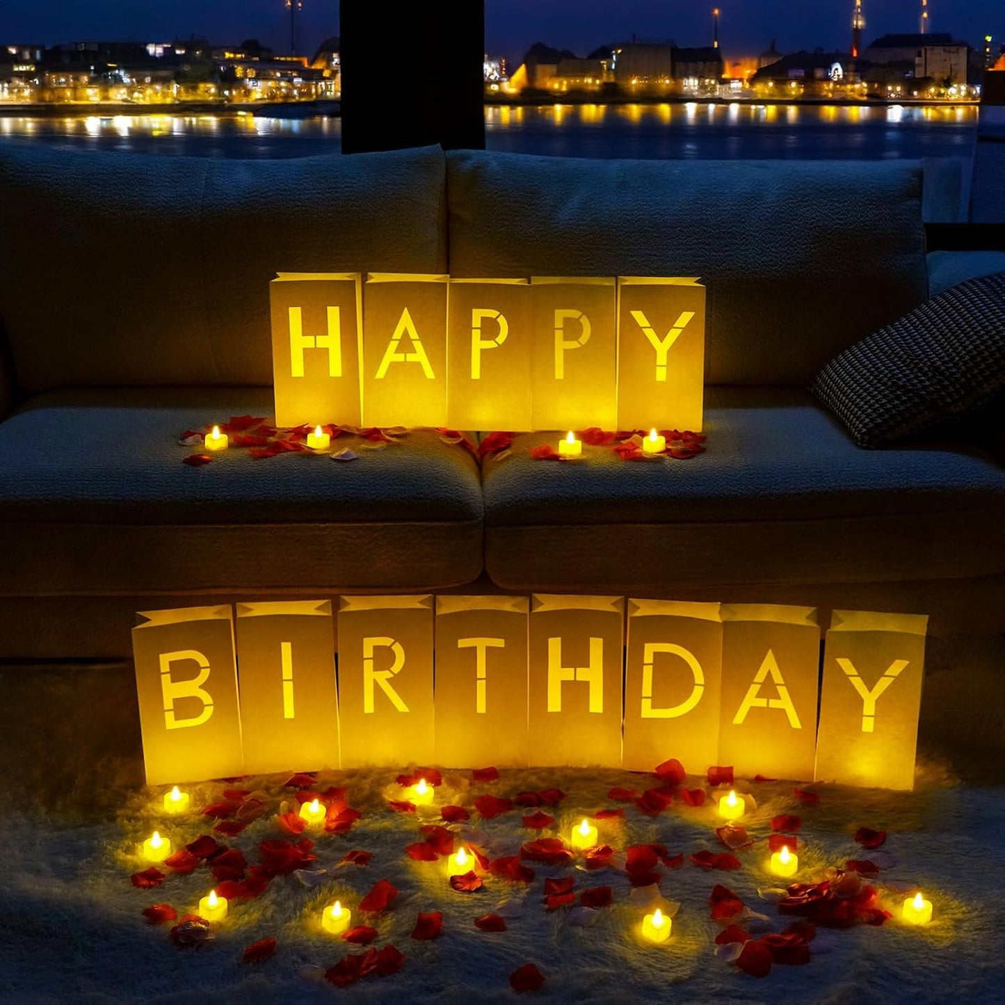 Homemory Happy Birthday Light Up Letters Luminary Bags with Flameless Candles and Fake Rose Petals, Happy Birthday Sign Party Decoration for Women Men