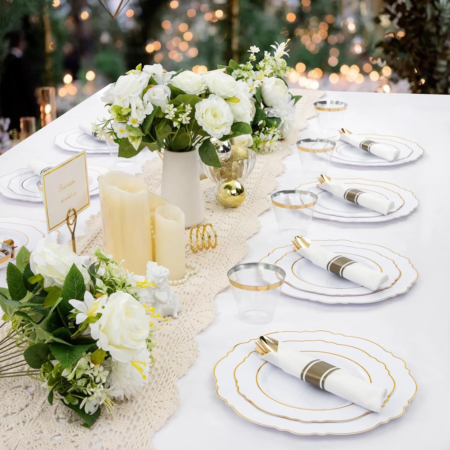 Liacere 350PCS Gold Plastic Plates-Disposable White and Gold Plates 50guest Baroque Plastic Dinnerware include 100Plates, 50Pack Pre Rolled Napkins with Silverware 50Cups for Wedding&Thanksgiving