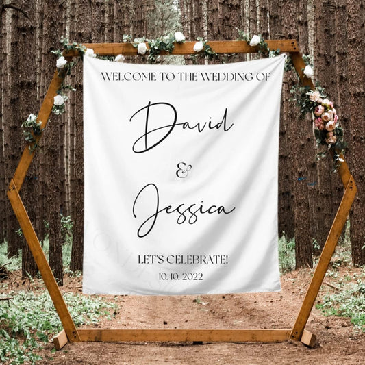 Welcome to Our Wedding Backdrop, Custom Tapestry with Names and Date, Rustic Sign, Personalized Calligraphy Banner for Ceremony, Arch, Reception Let's Celebrate Decor