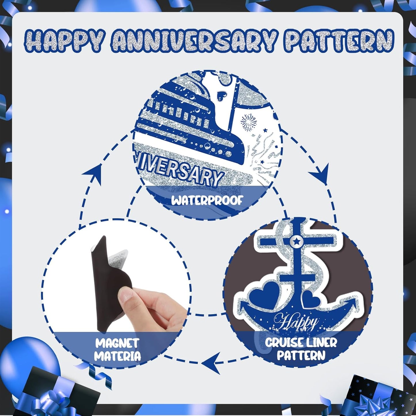 Happy Anniversary Cruise Door Magnets Decorations, Blue Silver Happy Anniversary Cruise Ship Door Decor Magnetic for Married Men Women Wedding Party Refrigerator Fridge Car Kitchen Garage Personalized