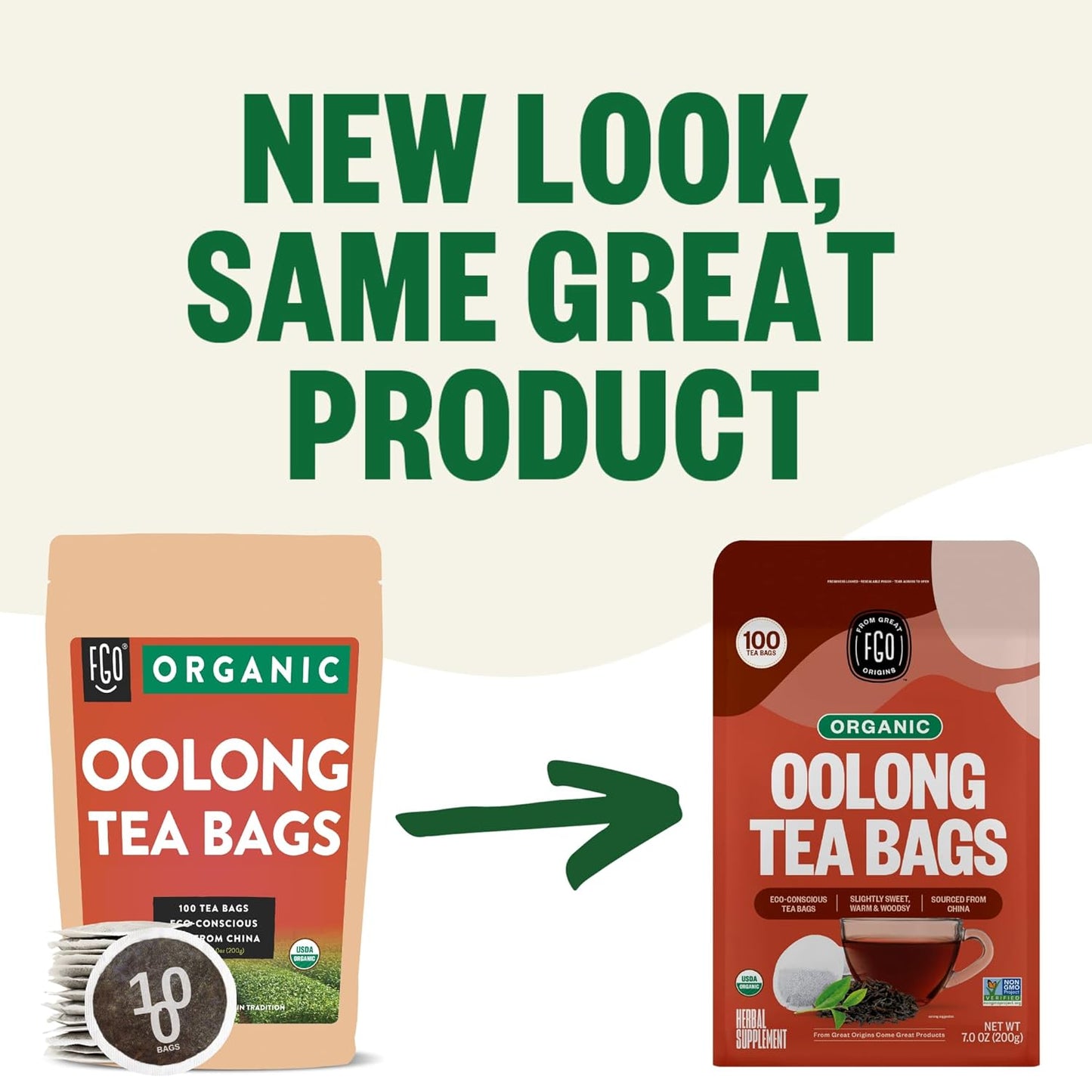 FGO Organic Oolong Tea, Eco-Conscious Tea Bags, 100 Count, Packaging May Vary (Pack of 1)