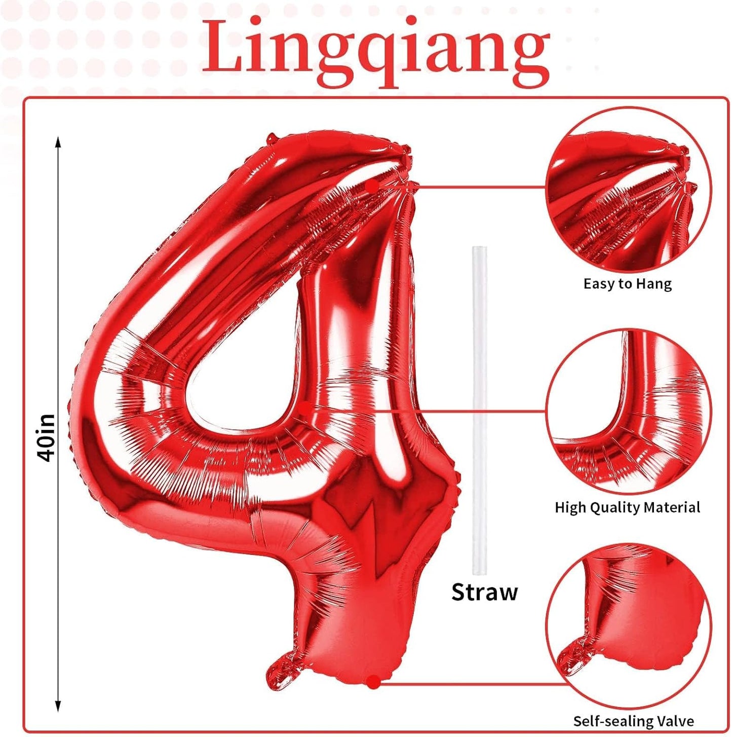 40 Inch Red Foil Balloon Number 4, Giant Self Inflating Number Balloons 0-9 for Men Women, Digital 4 Helium Balloons Set for Girls Boys 4th Birthday Anniversary Party Decorations Supplies