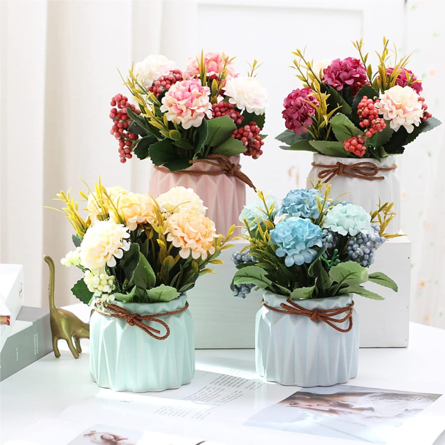 BLOSMON Fake Flowers in Vase for Centerpieces: 4 PCS 5.9 Inch Small Artificial Hydrangea with Vase Table Decor - Faux Floral Arrangements Desk Home Party Bathroom Office Decorations