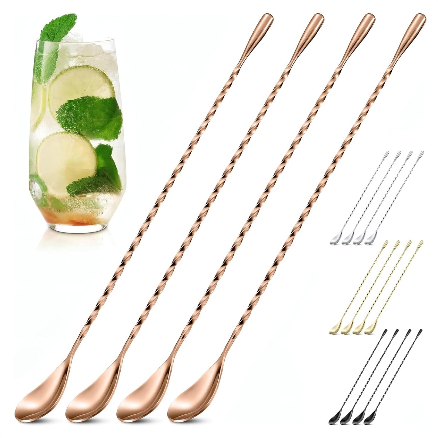 4 Pcs Bar Spoon Cocktail Mixing Spoon Set – Rose Gold Spoons with Elegant Twisted Spiral Handle, Good for Cocktails, Iced Tea, and Coffee Drinks – Durable Stylish Stainless Steel Stirring Spoons