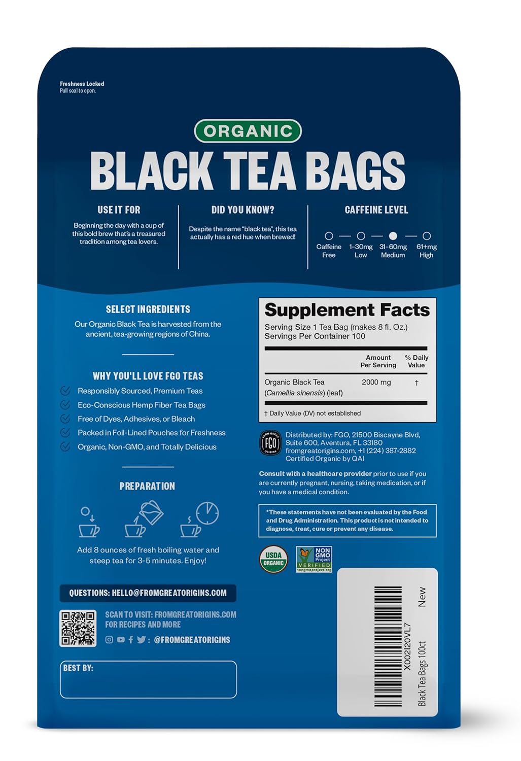 FGO Organic Black Tea, 100 Count, Eco-Conscious Tea Bags, Caffeinated, Resealable Bag, Packaging May Vary (Pack of 1)