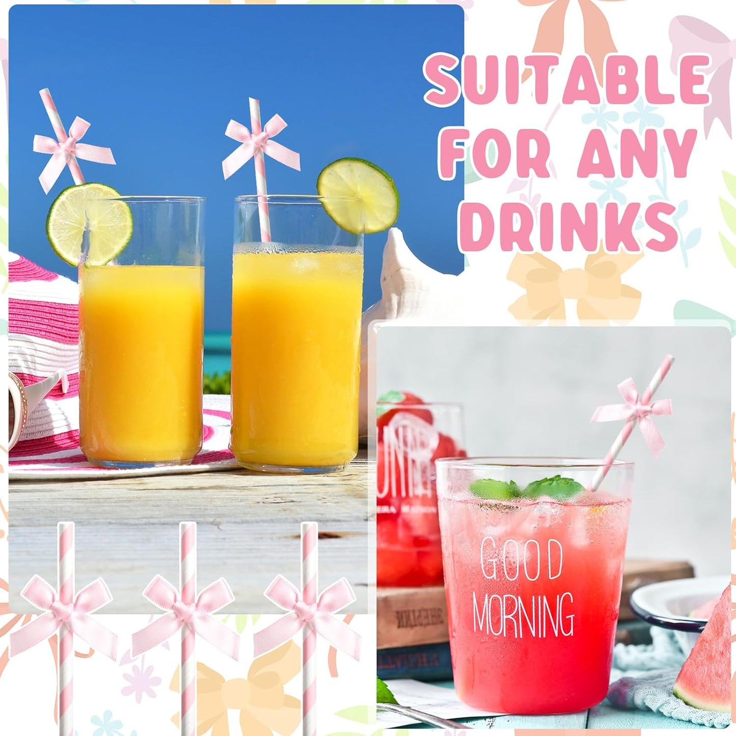 200 Pcs Pink Paper Straws for Drinking, Bow Disposable Striped Paper Straws Bulk Pink Theme Birthday Party Supplies for Wedding Cake Decorations Bachelorette Baby Shower