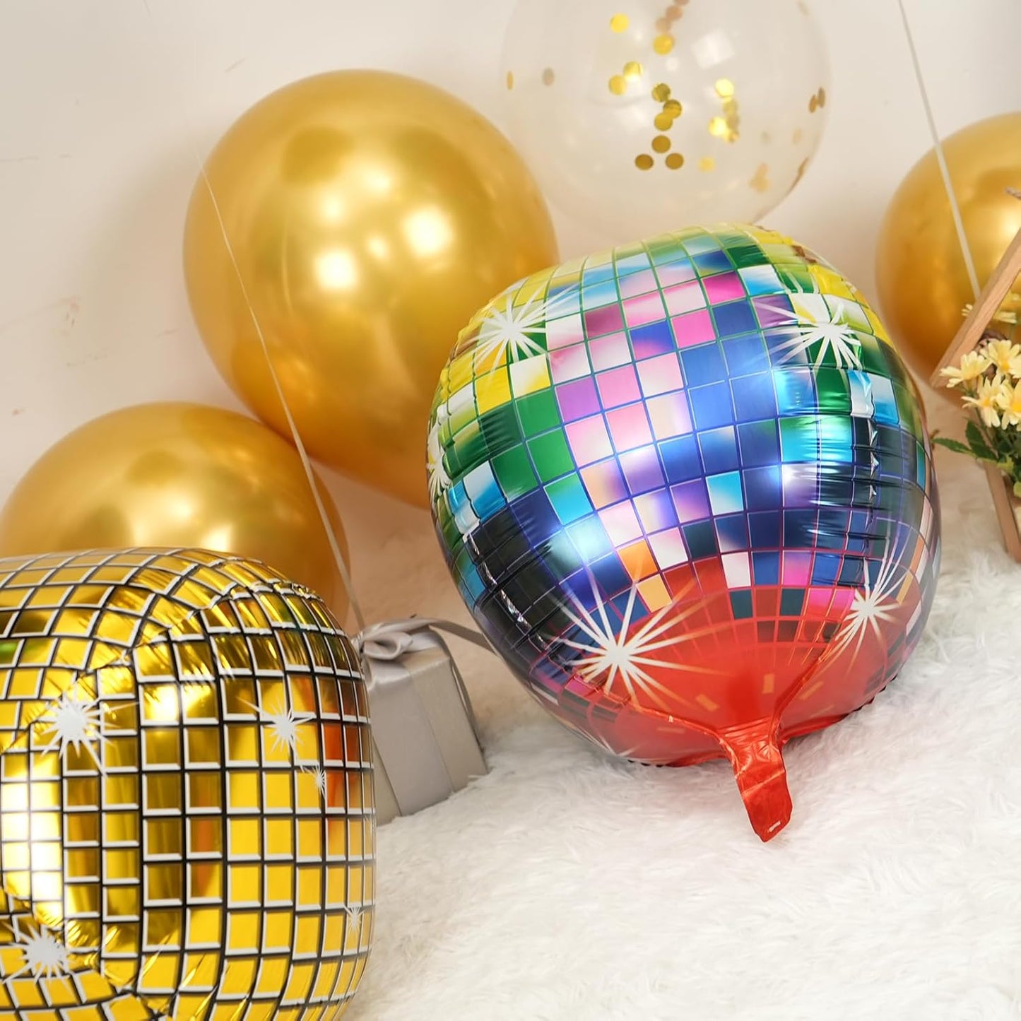 Disco Ball Balloons 4PC,Foil Disco Balloons 22 Inch 4D Round Balloon for 70s 80s 90s Birthday Bachelorette Decorations