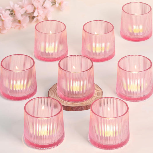 Pink Ribbed Tealight Votive Candle Holders Set of 10- Votive Candle Holders for Table Centerpiece, Tea Light Candle Holder Glass for Wedding and Home Decor, Blue Decor and Gifts