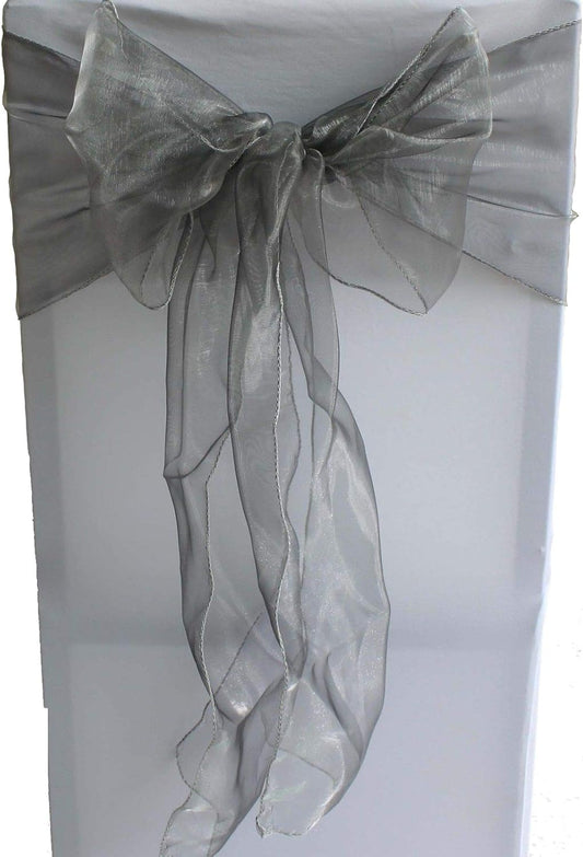 Organza Chair Bow Sash Décor Bows Sashes for Wedding Reception Events Banquets Decoration - (Pack of 25, Silver)