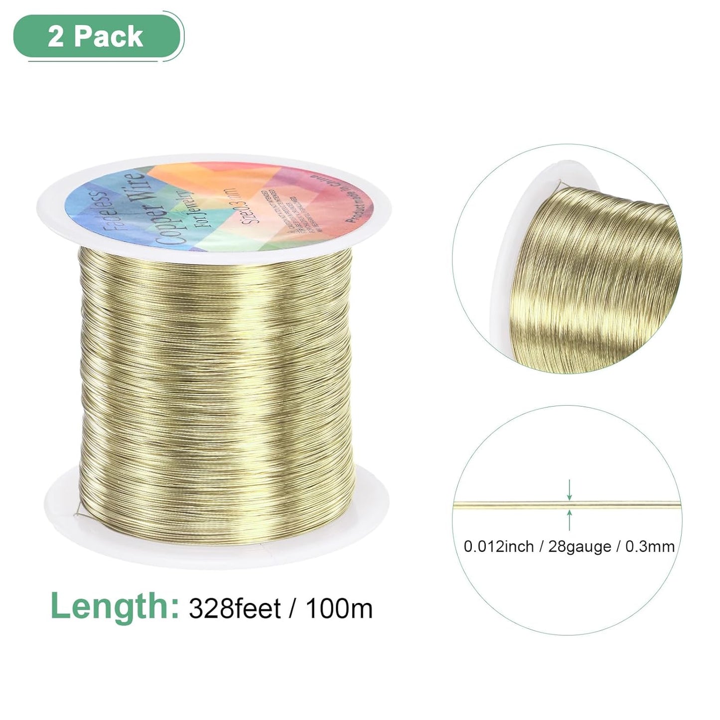 2-Rolls 0.3mm Jewelry Wire, 28 Gauge 328FT Craft Wire Copper Beading Wire for Jewelry Making/Planting/Weaving/DIY Crafting, Soft Metal Wires [100M, Light Golden]