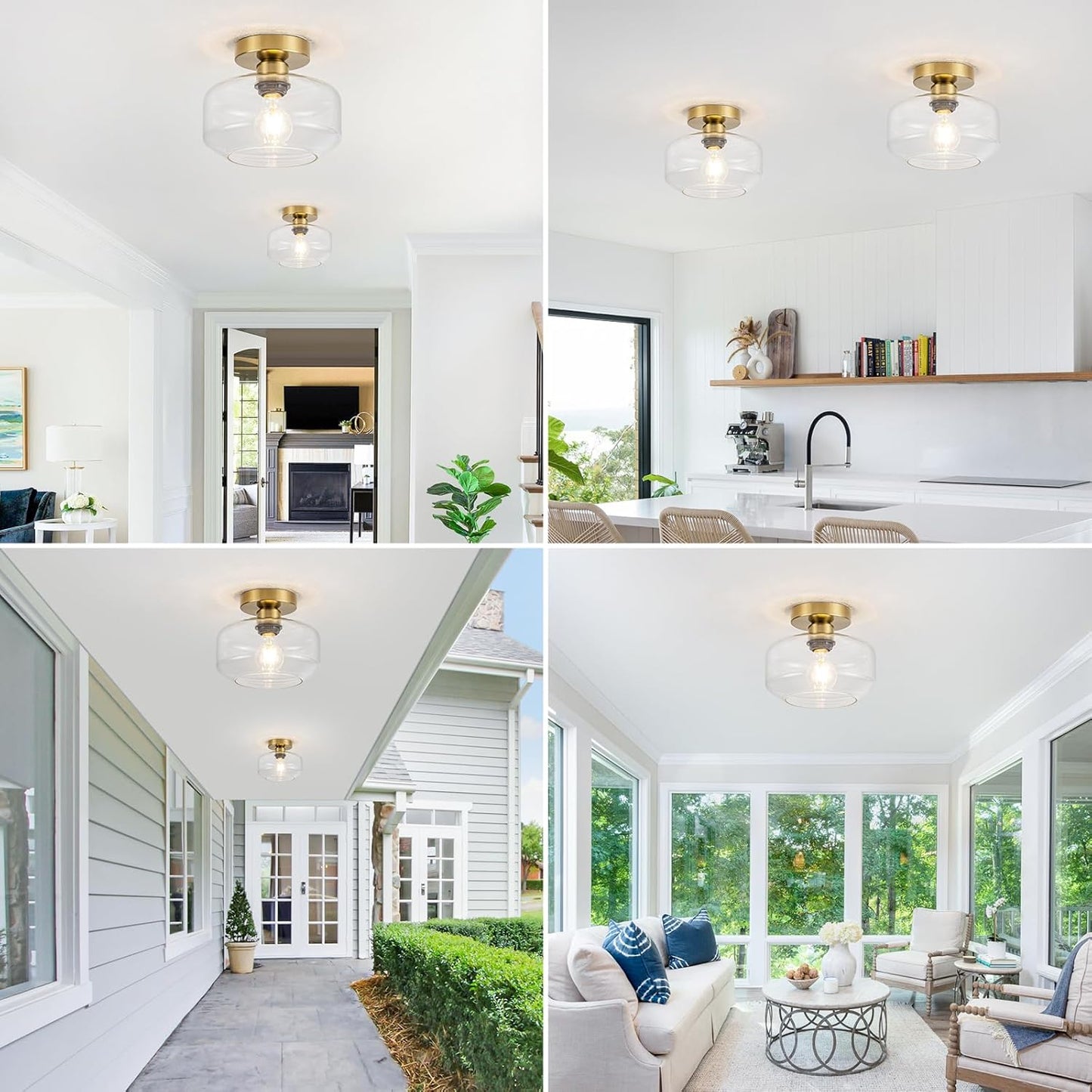 Golden Semi Flush Mount Ceiling Light - Includes 900LM Bulb (60W Eqv) - Clear Glass & Brass Fixture for Hallway, Bathroom, Kitchen Lighting