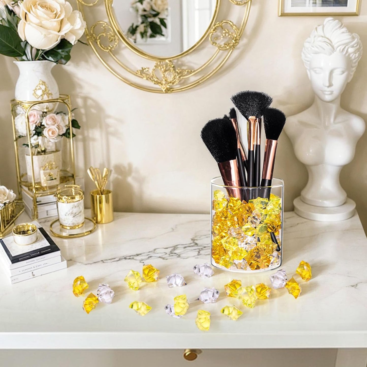 DomeStar Yellow and Orange Fake Ice, 150PCS Acrylic Fake Diamonds, Crushed Ices Plastic Gems Vases Fillers for Aquarium Tank Rocks Table Scatter Wedding Party Home Decor