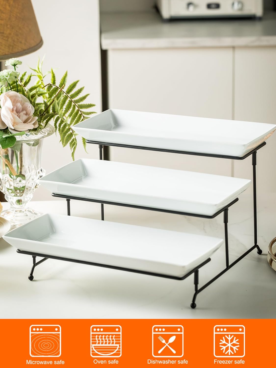 YHOSSEUN 3 Tier Serving Stand Tiered Tray Stand with 3 Porcelain Serving Platters Trays for Dessert Server Display Collapsible Sturdier Metal Rack 14 inch