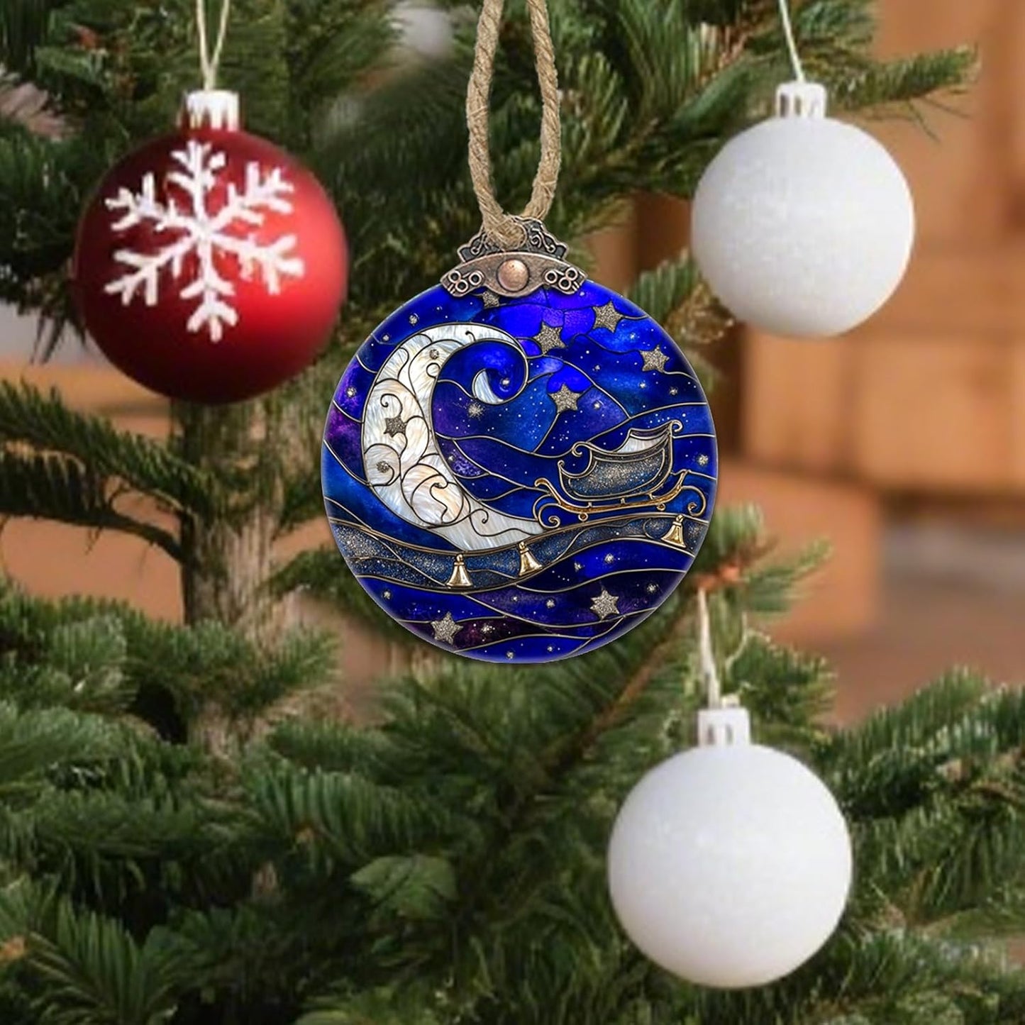 Stained Glass Christmas Decorations, Blue Starry Sky Silver Moon Suncatcher for Window Christmas Tree Hanging Ornaments Bell Sun Catcher Xmas Decor Gifts for Women Men Mom Nana Friend