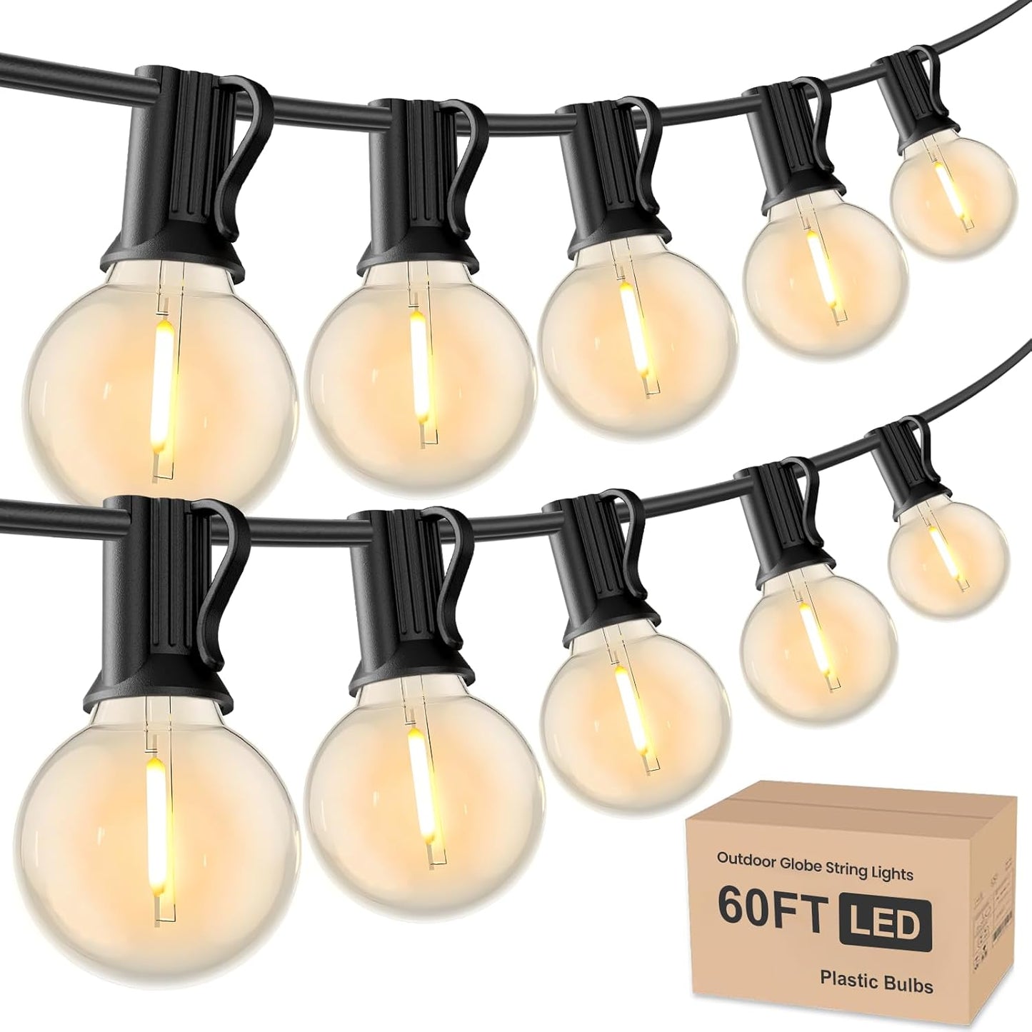 RTTY Outdoor String Lights 60 ft, G40 Led Patio Globe Lights with 32pcs Plastic Bulbs,Shatterproof Waterproof Connectable Hanging for Porch Cafe Bistro Backyard Gazebo Balcony Deck Party