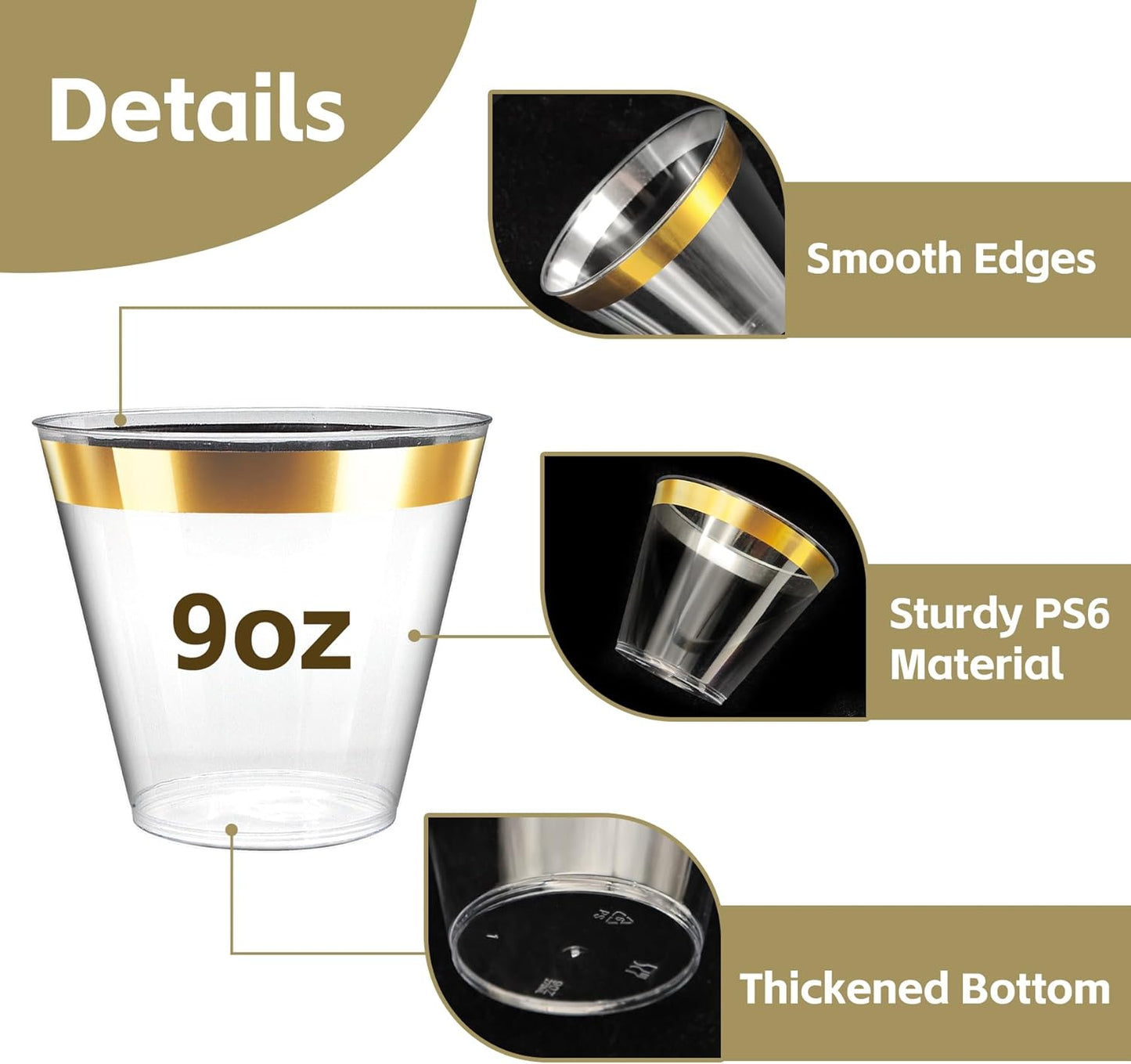 [200 Pack] 9oz Clear Plastic Cups with Gold Rimmed Sturdy & Food Safe Disposable Wine Glasses Party Wedding Cups Disposable Drinking Cups Plastic Cocktail Glasses for Wine, Juice & Cold Beverages