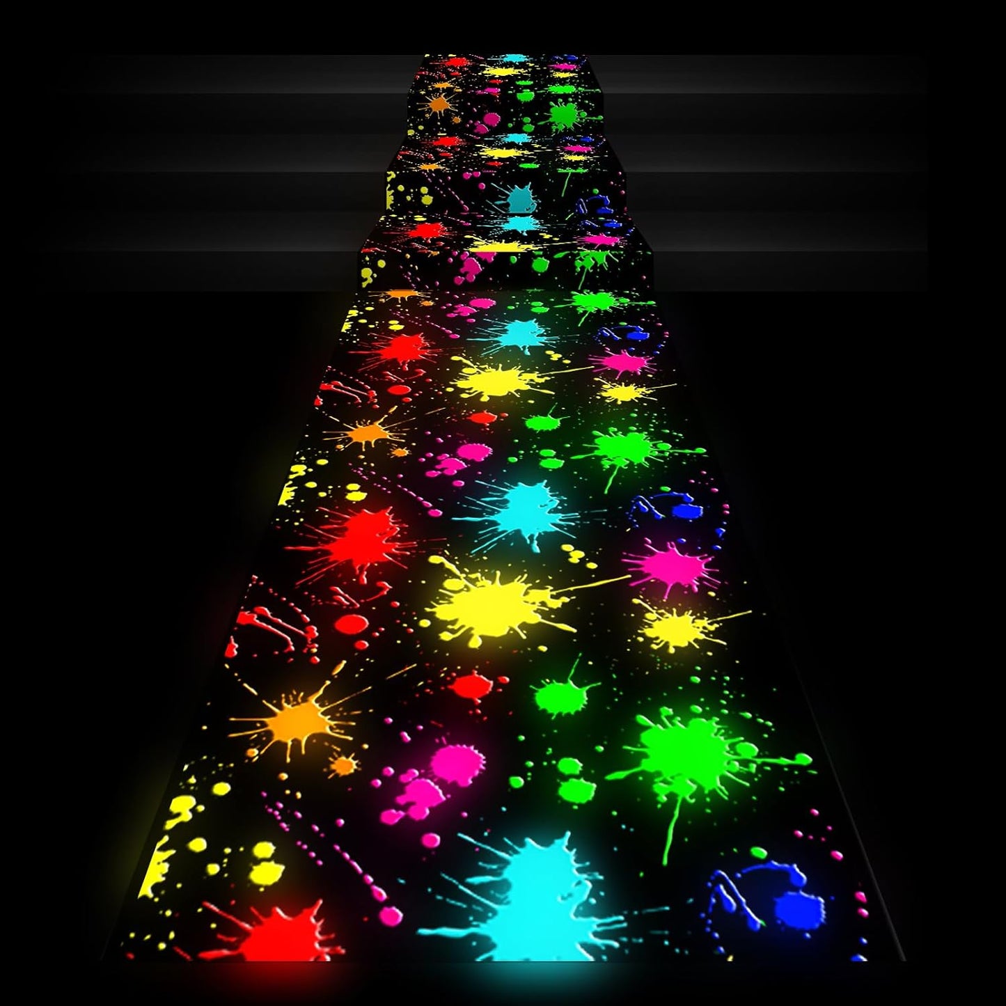 Haull 118 x 39 Inch Neon Light up Dance Floor Glow in The Dark Runner UV Reactive Blacklight Floor Aisle Runner Decor Wall Props for 80s 90s Neon Birthday Party Decorations(Paint Splatter)