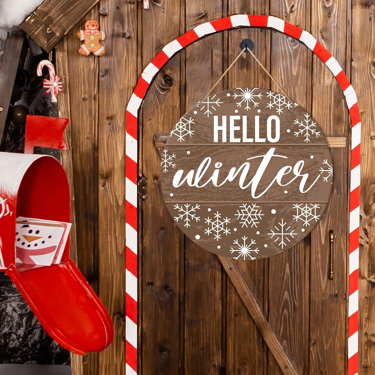 Muktoujaumai Hello Winter Sign Front Door Decor, Christmas Round Hanging Sign Decor Rustic Snowflake Xmas Holiday Wall Decorations Winter Wood Sign for Door, Porch, Home, Welcome Winter
