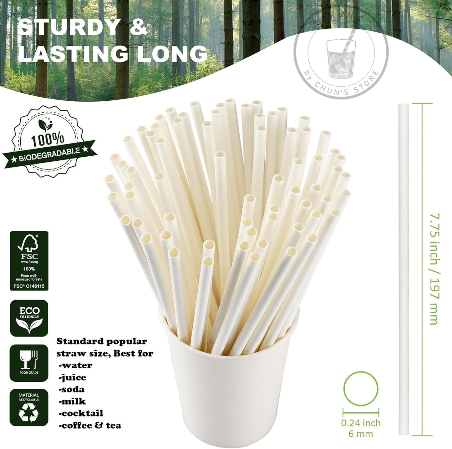 [1000 Counts] White Paper Straws Wrapped Individually for Drinking - 7.75" x0.24" - Restaurant Pack