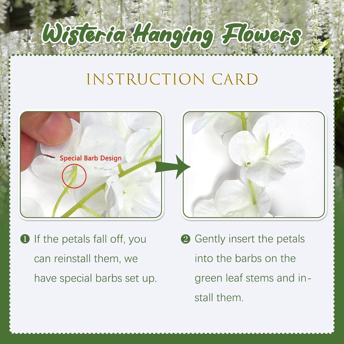 5 Pack Green White Wisteria Hanging Flowers, 3.44 Ft Fake Hanging Flowers, Artificial Wisteria Garland Vines for Wedding Room Backdrop Outdoor Patio Garden Decoration