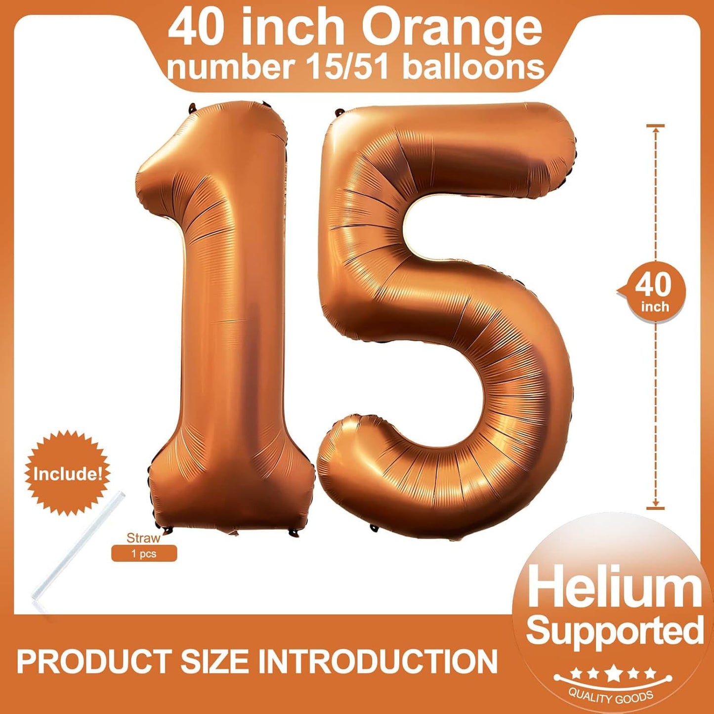 Number 15 Orange Balloons 40 Inch Giant Foil Helium for 15th Birthday Party Supplies 51st Anniversary Events Decorations