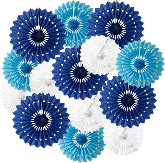 15pcs 6'' 8'' 10'' Paper Fans Decorations Round Blue Tissue Paper Fans Decor Hanging Paper Fans Set Party Paper Honeycomb Fans Decorations for Party Birthday Wedding Events White Blue Pack
