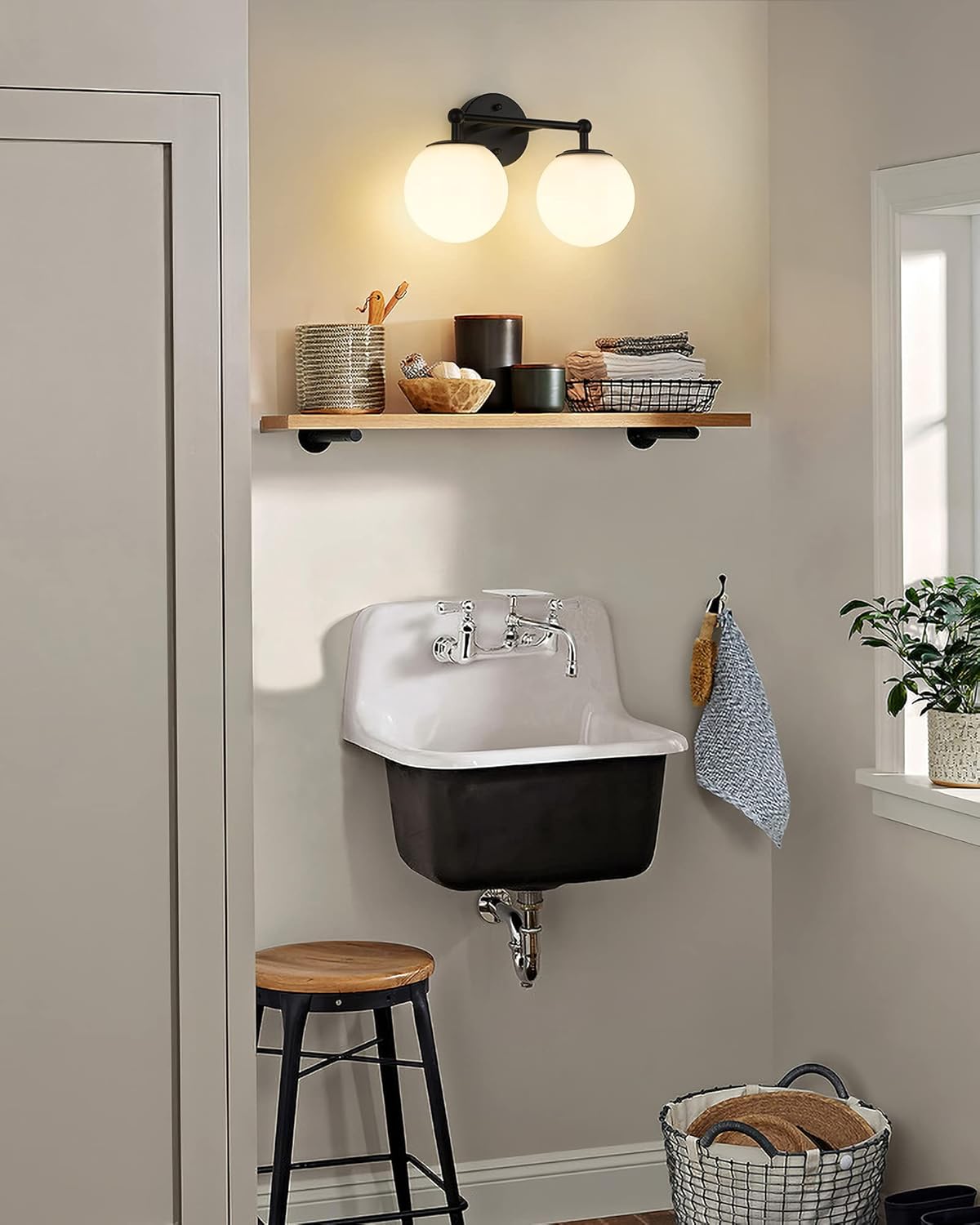 Black Vanity Light, 2 Light Black Modern Bathroom Light Fixtures Over Mirror with White Milk White Globe Glass Shade for Bathroom