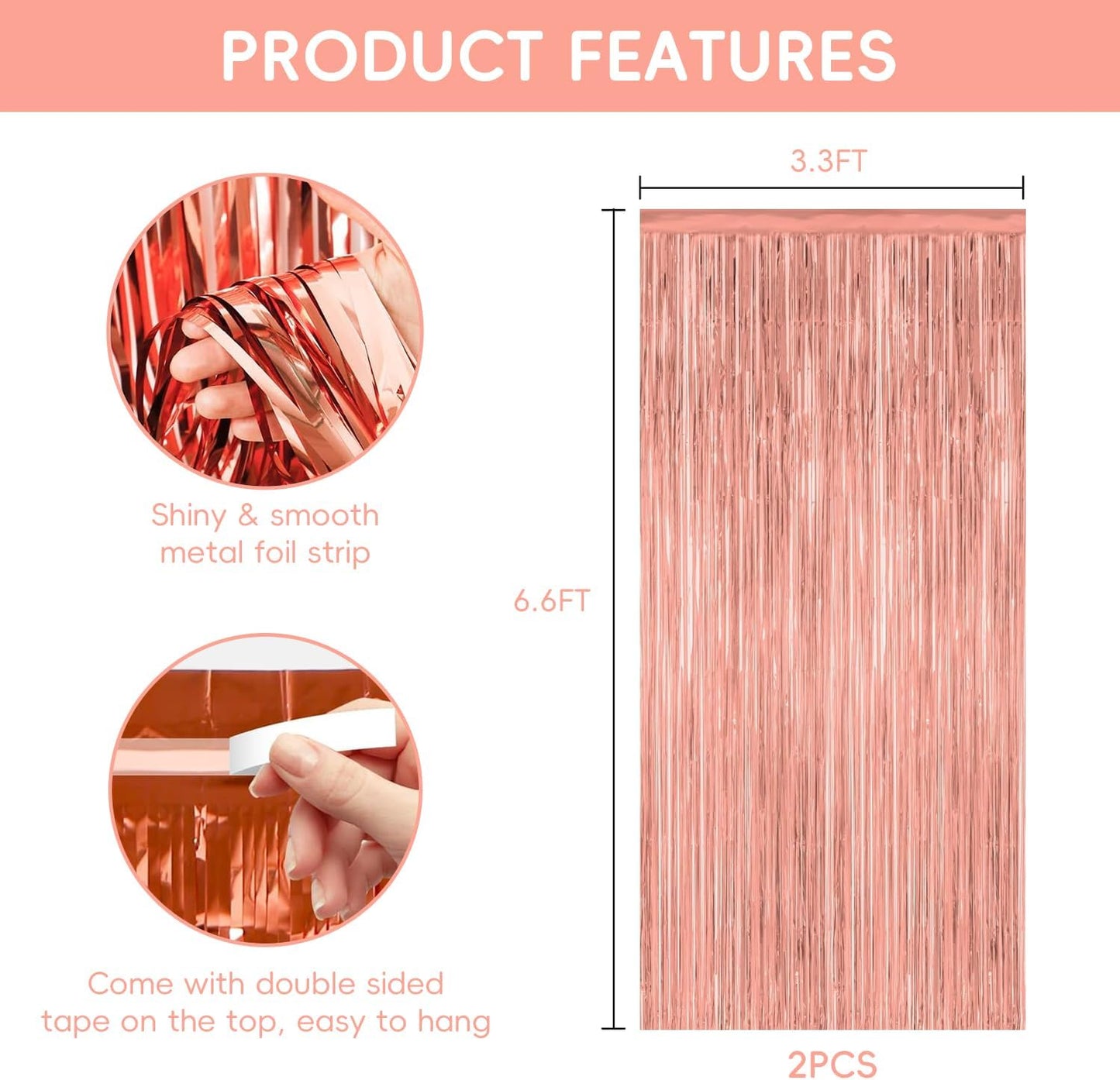 Rose Gold Streamers Party Decorations 2 Pack Rose Gold Tinsel Backdrop Supplies Foil Curtain Backdrop for Bridal Baby Shower Birthday Bachelorette Wedding Engagement Party Decorations