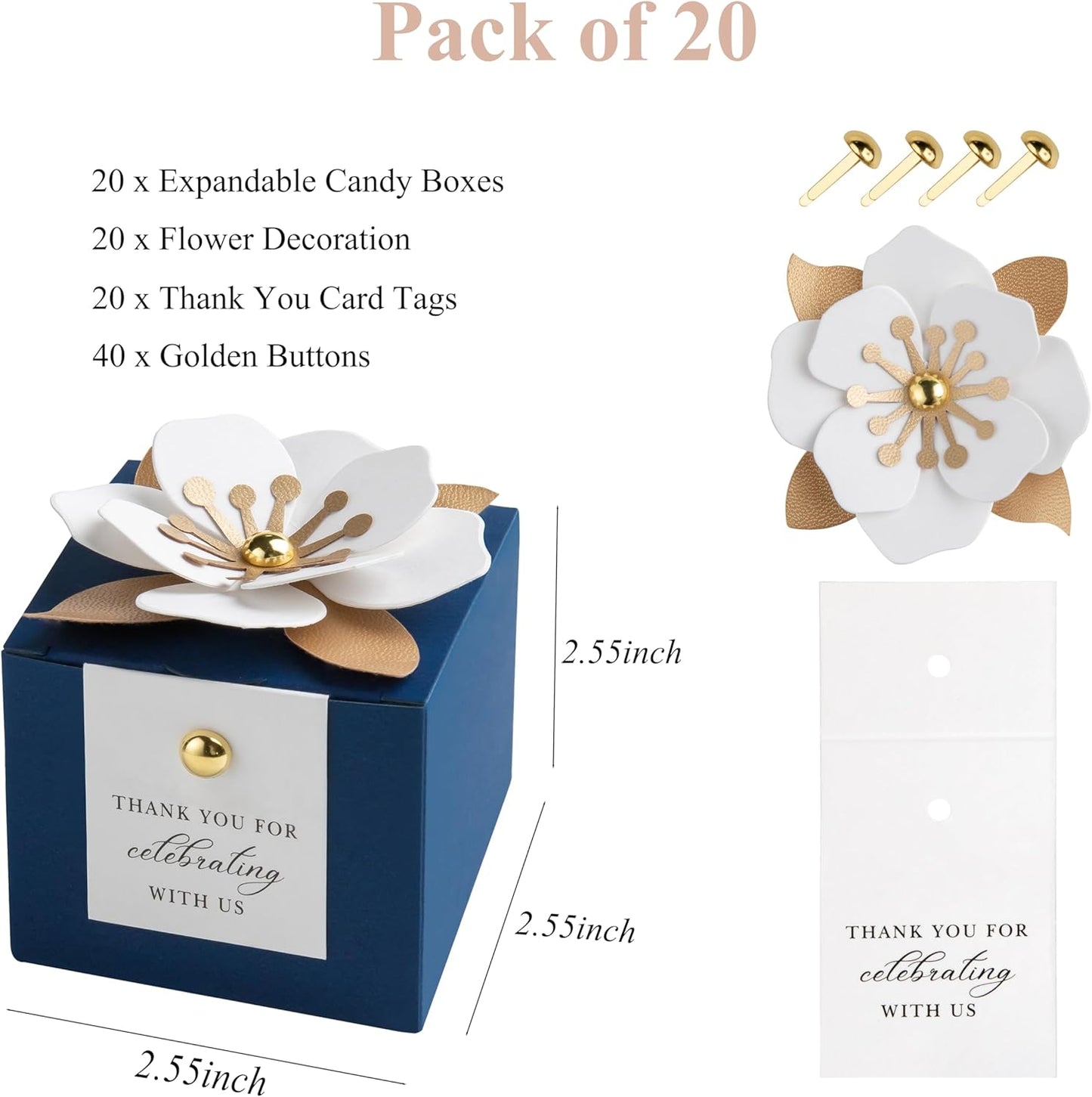 FEIYI 20 PCS Candy Boxes, 3 In 1 Navy Blue Favor Boxes with Floral Decor, White Thank You Tags Gift wrapping for Wedding Birthday Baby Shower Decorations Party -2.55x2.55x2.55''