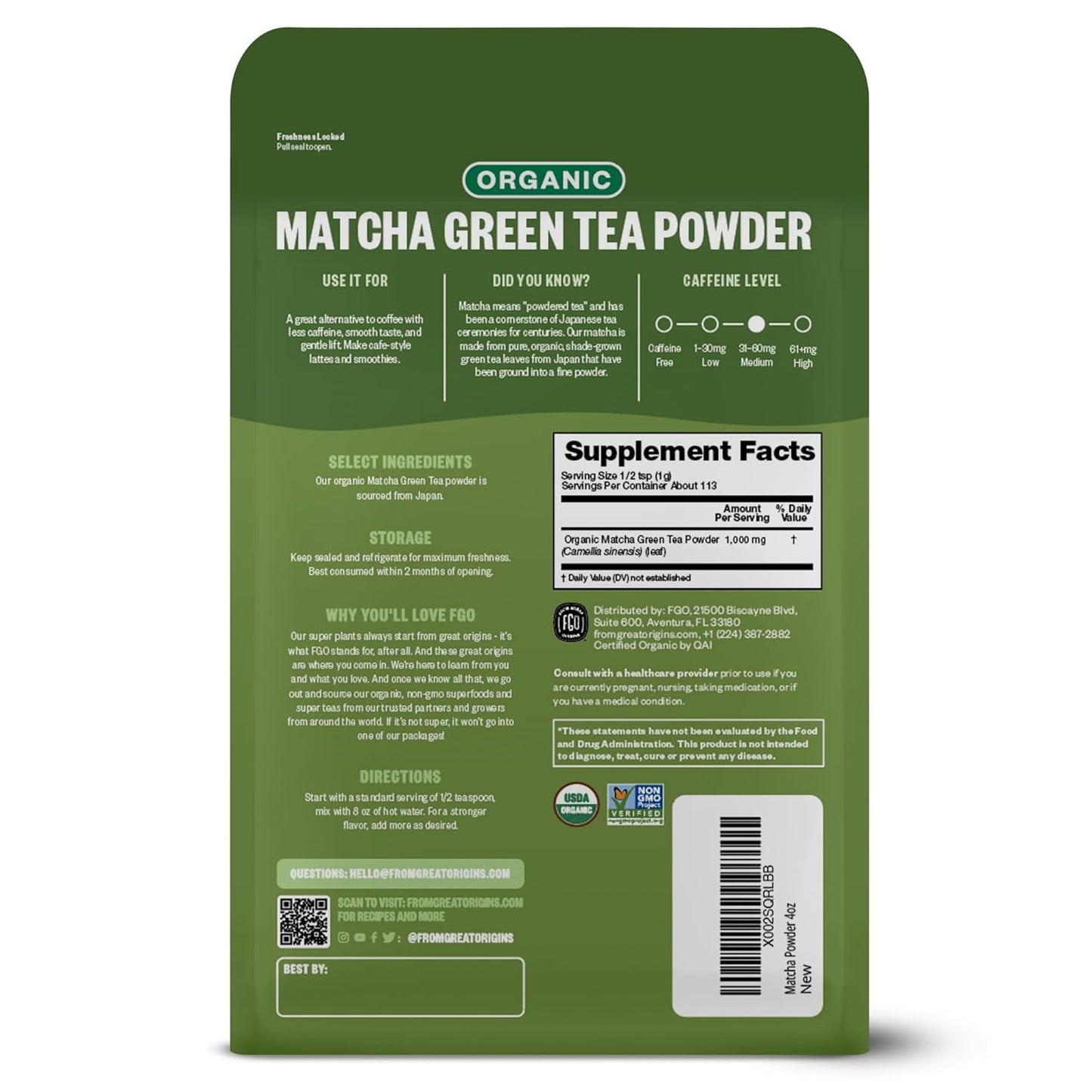 FGO Organic Matcha Green Tea Powder, Japanese Culinary Grade for Cooking, Baking, and Smoothies, 4 Ounce, Resealable Bag, Packaging May Vary (Pack of 1)