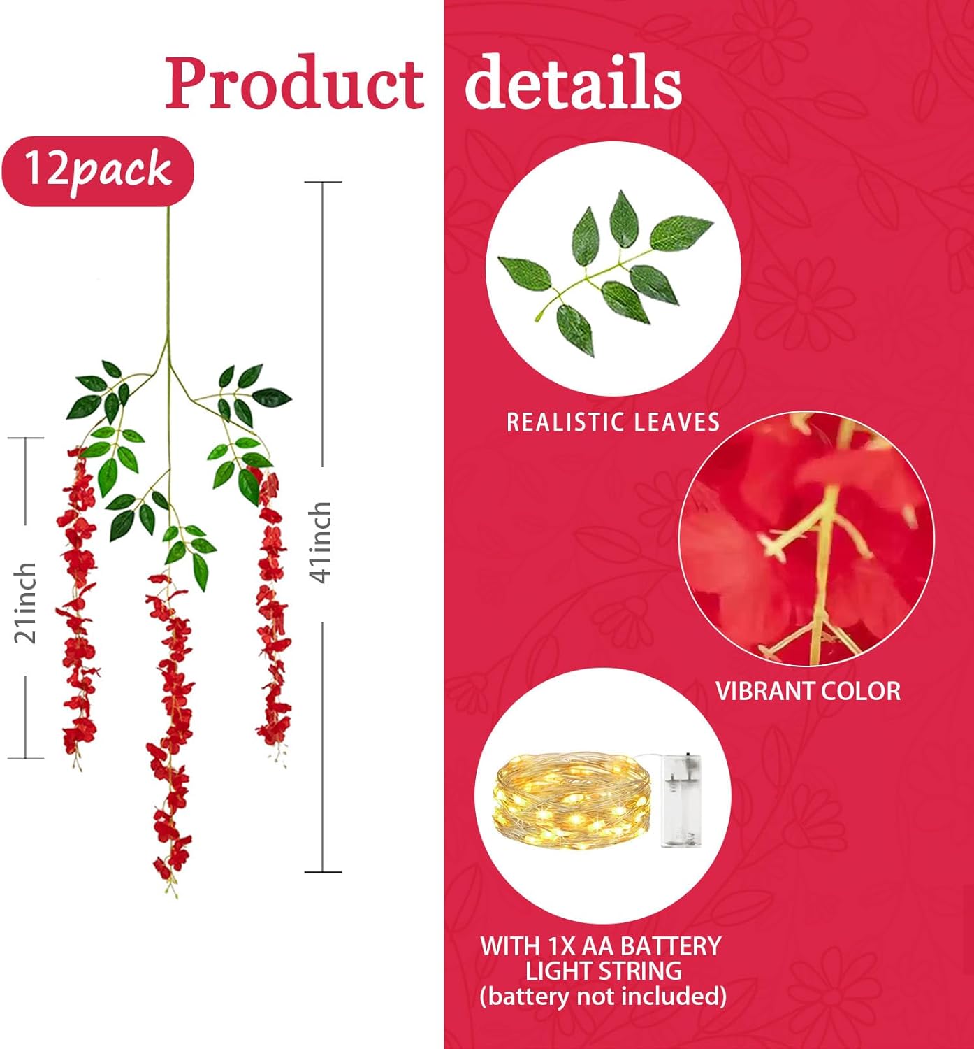 12 Pack Red Wisteria Hanging Flowers Garland with Lights, 3.44 Feet Artificial Flower Vines, Fake Wisteria, Artificial Vines Hanging Garland for Backdrop Outdoor Patio Garden Decor