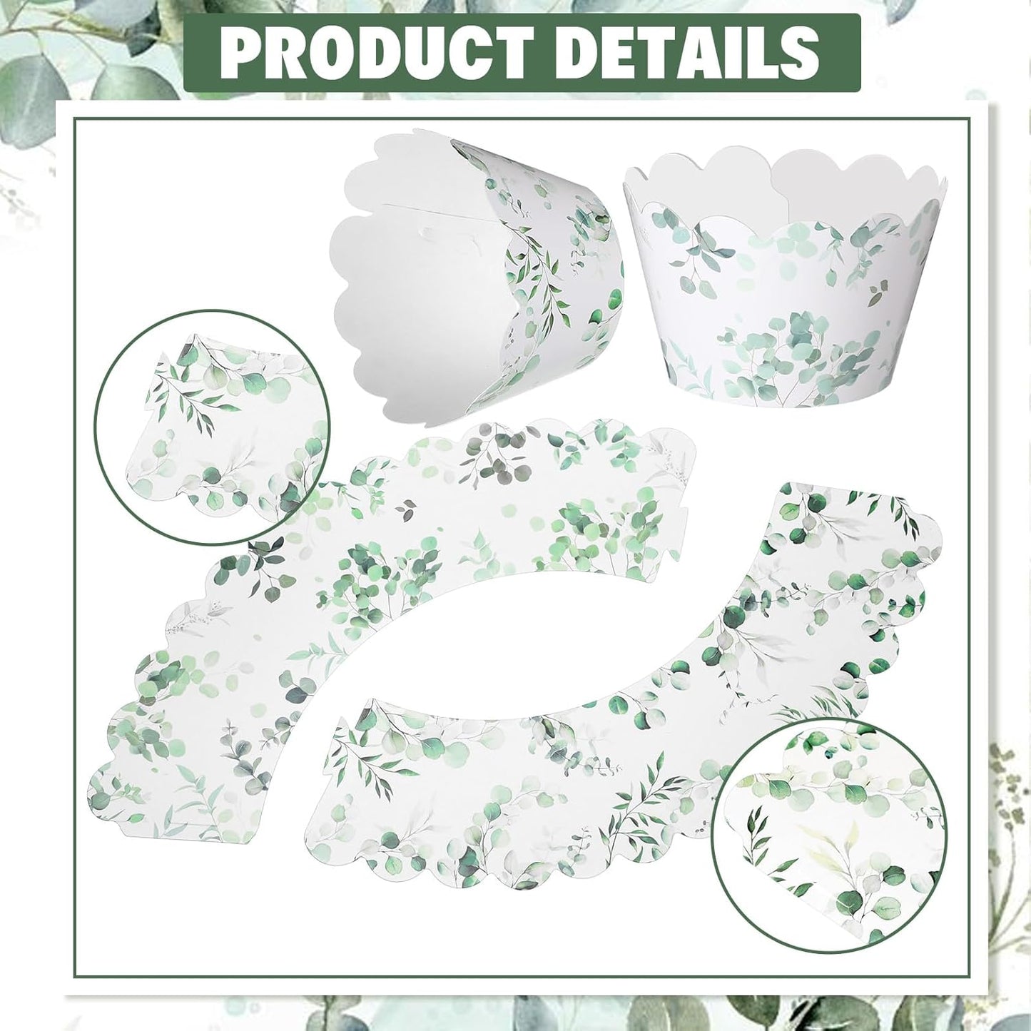 Domensi 100 Pcs Eucalyptus Cupcake Wrappers Rustic Cupcake Liners Green Tulip Baking Cups Baking Liners for Wedding Bridal Baby Shower Birthday Party Supplies Dessert Decoration