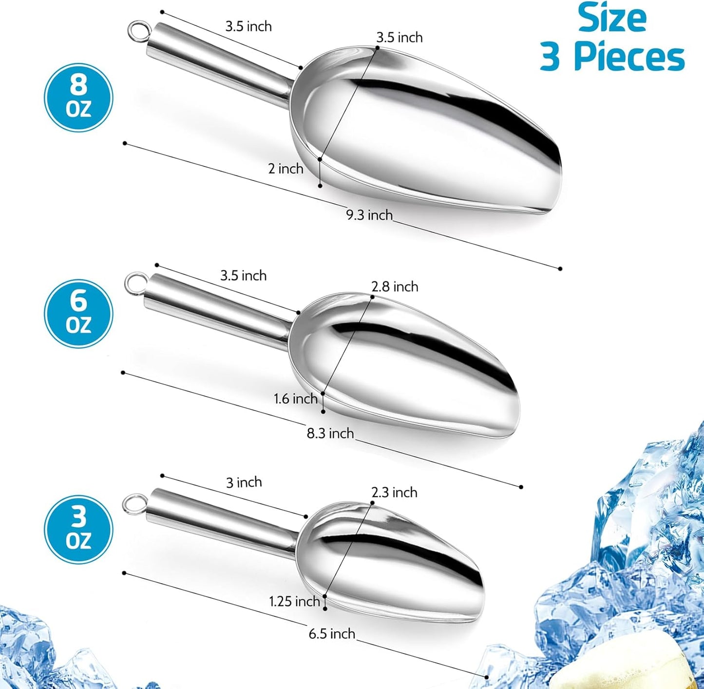 P&P CHEF Canister Scoop Set of 3, Ice Candy Scoop, Stainless Steel Multipurpose Food Scooper for Buffet Jar Freezer, Mirror Finish & Dishwasher Safe, Silver, 3+6+8 Oz