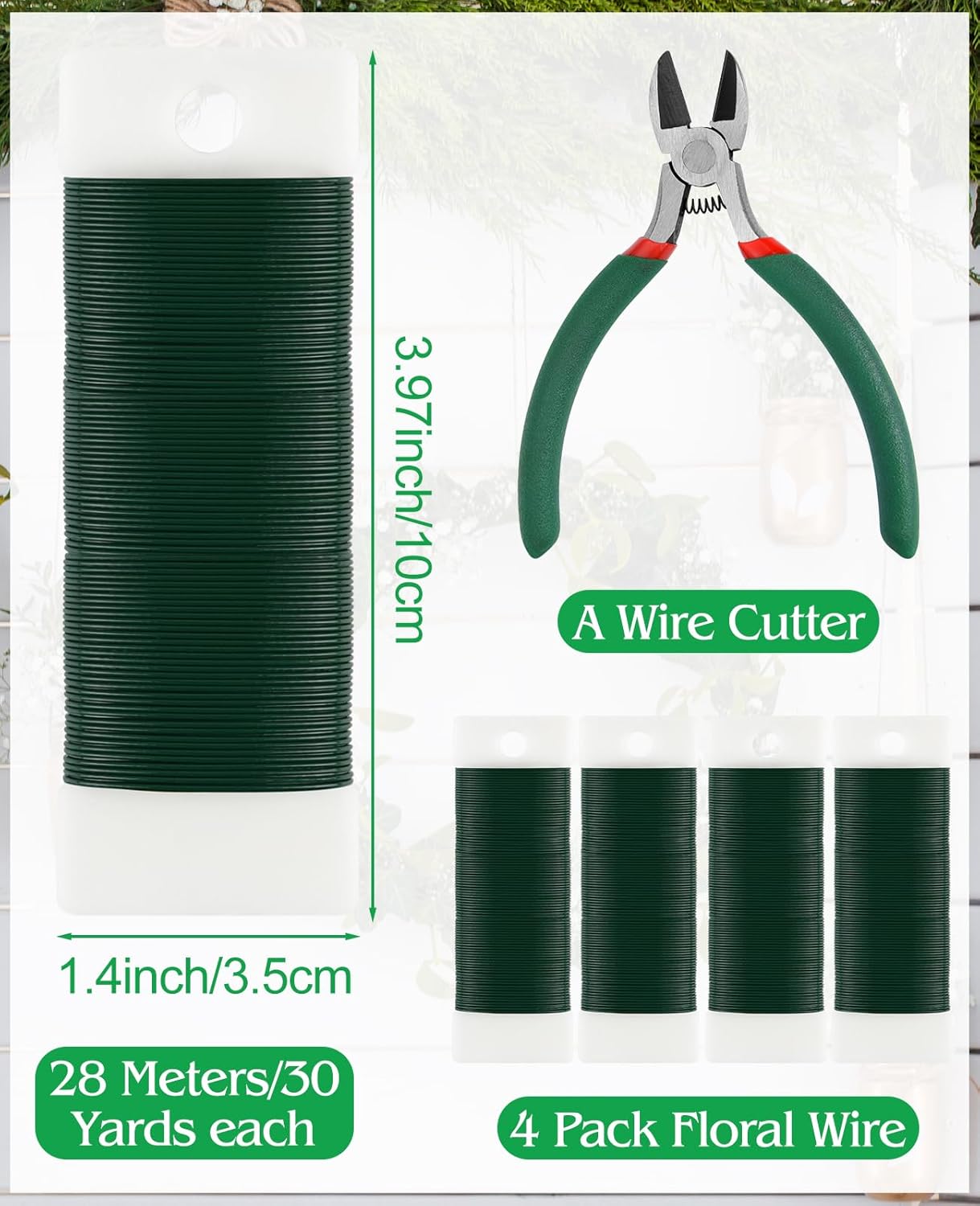 PLULON 4 Pack 122 Yards 22 Gauge Green Floral Wire with Wire Cutter, Ideal for Wreaths, Flower Arrangements, Gift Wrapping & DIY Crafts