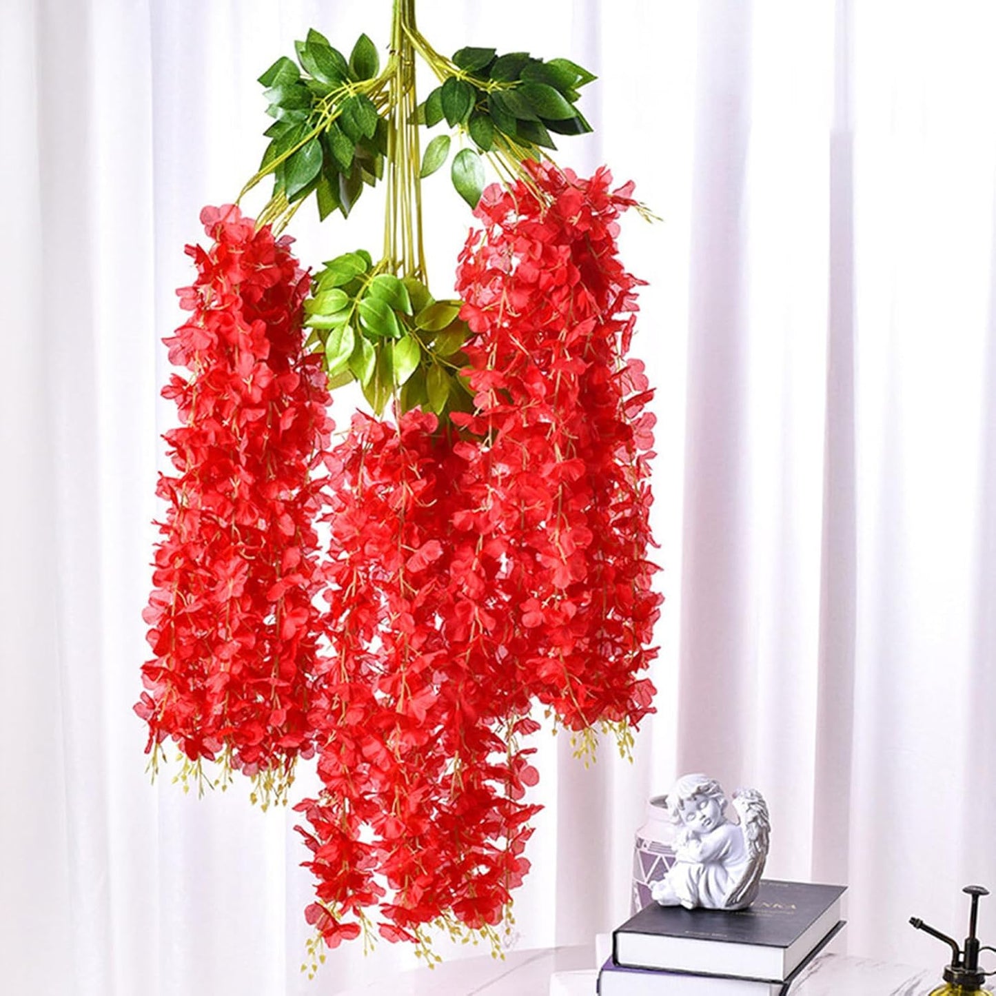 12 Pack Red Wisteria Hanging Flowers Garland, 3.77 Feet Artificial Flower Vines, Fake Wisteria, Artificial Vines Hanging Garland for Backdrop Outdoor Yard Garden Decor