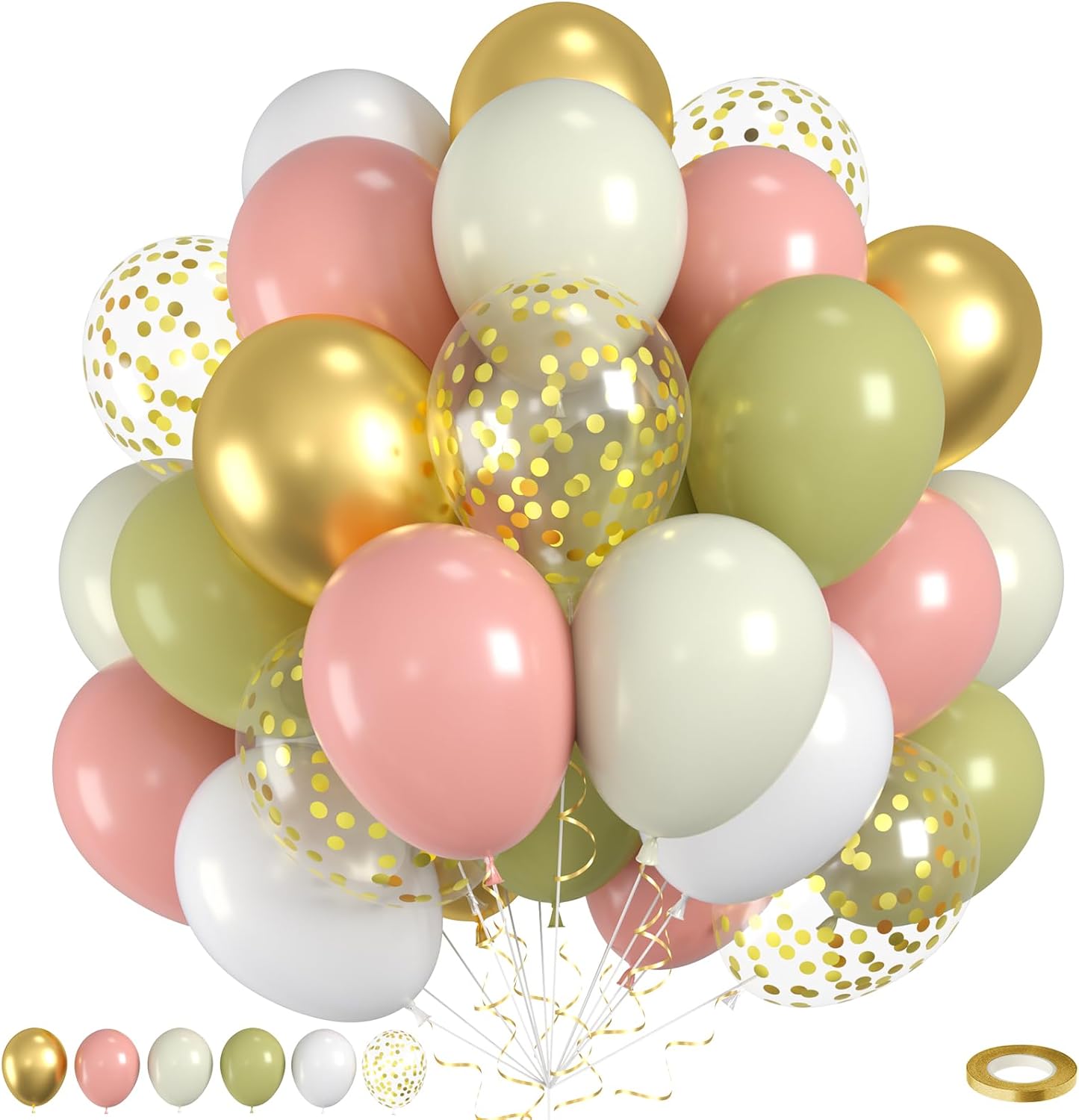 Pink And Green Balloons, 60pcs Sage Green And Pink Balloons, Sand Cream White Balloon, Gold Confetti Balloon For Girls Women Lady Birthday Baby Shower Spring Garden Theme Party Wedding Decorations