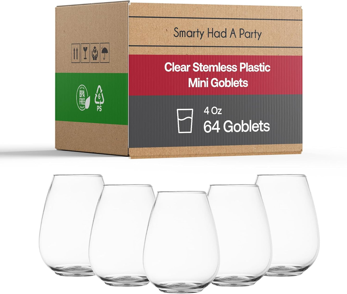 Smarty Had A Party 4 oz Plastic Stemless Wine Glasses (64 Pieces) – Disposable Goblets & Plastic Water Goblets for Wedding Bulk – Wine Glasses Disposable Classy for Toast, for Tastings and Parties
