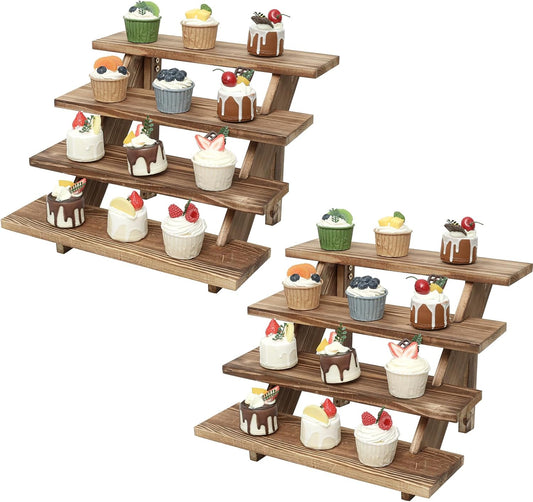 Swallowliving 2pcs Wooden Rustic Cupcake Stand for 24 Cupcakes, Stepped Wood Display Stand for Weddings, Tiered Party Table Display Riser for Food, Dessert, Cookie, Decor, Craft Show, Burnt